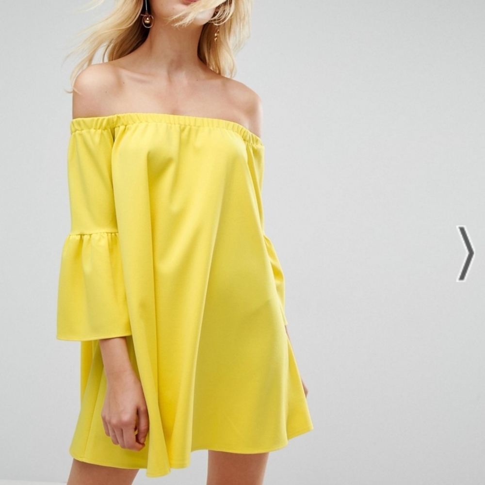 Asos Off the Shoulder Dress Bell Sleeve Boho Dress Yellow Mini Dress size 2